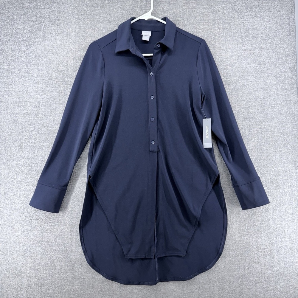 Chicos Easy Chic Tie Front Tunic Top Women 00/02 Blue Long Sleeve NEW $119